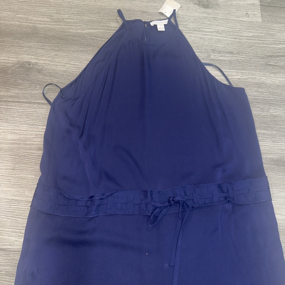 Diane Von Furstenberg Davin Silk Jumpsuit Size 14 Navy Tie Waist Wide Leg Halter - Picture 3 of 12